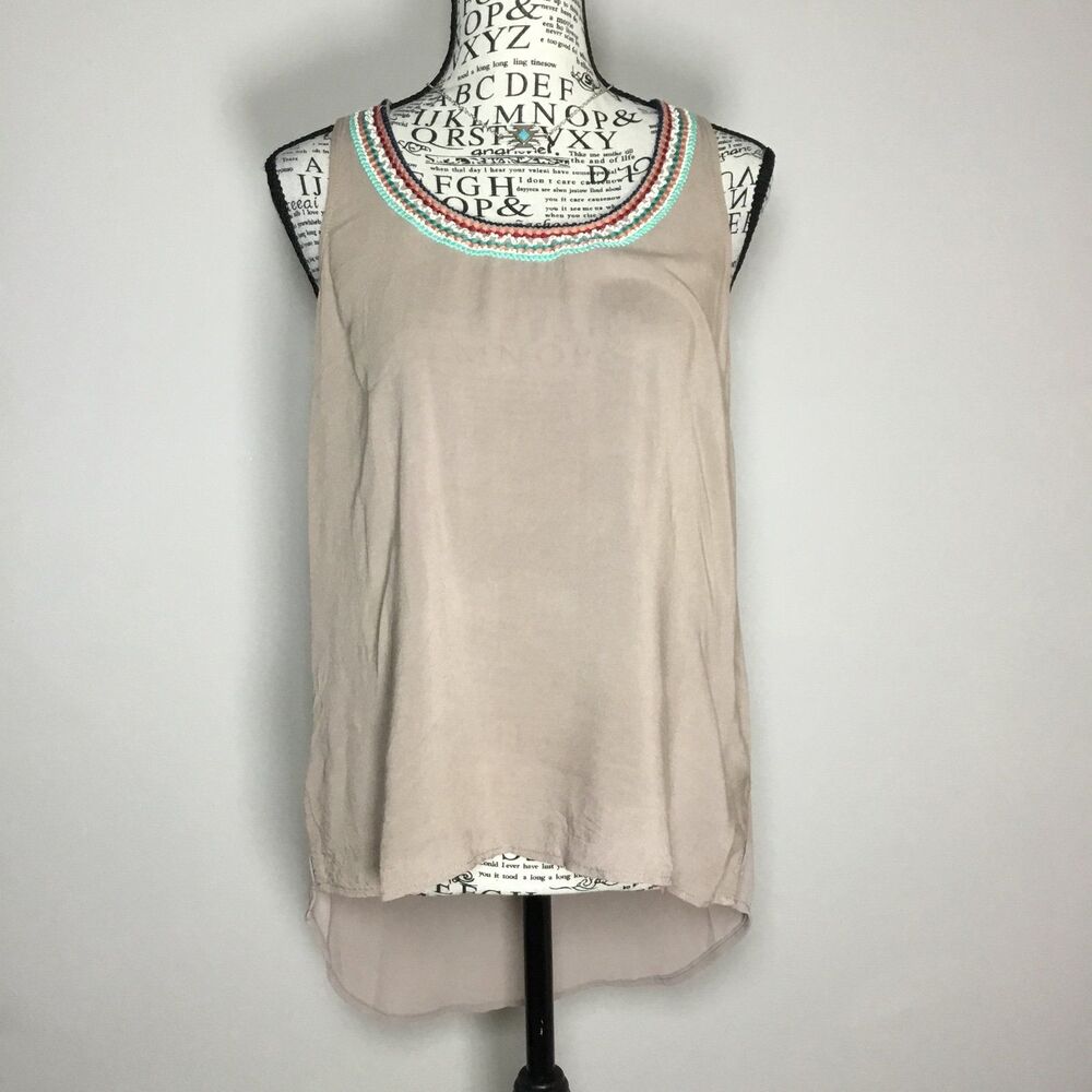 Beaded sheer back beige tank boho western prairie hippie Bohemian racerback S